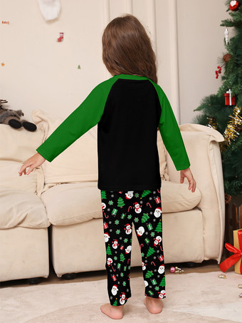 ブラックグリーンのラグランツリーとスノーマンプリントのメリークリスマスファミリーパジャマ2025