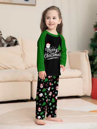 ブラックグリーンのラグランツリーとスノーマンプリントのメリークリスマスファミリーパジャマ2025