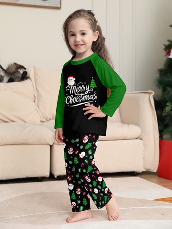 ブラックグリーンのラグランツリーとスノーマンプリントのメリークリスマスファミリーパジャマ2025