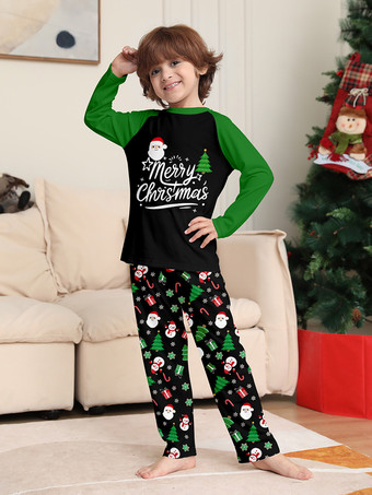 ブラックグリーンのラグランツリーとスノーマンプリントのメリークリスマスファミリーパジャマ2025