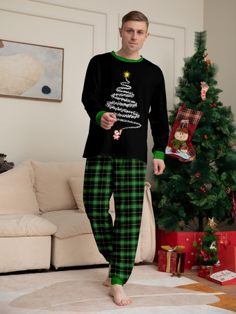 ブラックグリーンのチェック柄ファミリークリスマスパジャマ（ワイヤーツリープリント）2025年