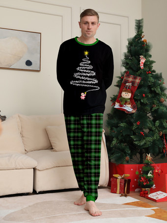 ブラックグリーンのチェック柄ファミリークリスマスパジャマ（ワイヤーツリープリント）2025年