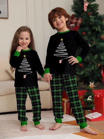 ブラックグリーンのチェック柄ファミリークリスマスパジャマ（ワイヤーツリープリント）2025年