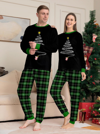 ブラックグリーンのチェック柄ファミリークリスマスパジャマ（ワイヤーツリープリント）2025年