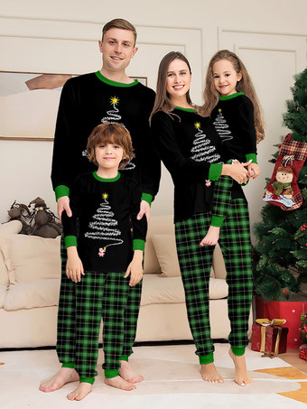 ブラック ブラックグリーンのチェック柄ファミリークリスマスパジャマ（ワイヤーツリープリント）2025年