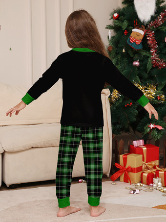 ブラックグリーンのチェック柄ファミリークリスマスパジャマ（ワイヤーツリープリント）2025年