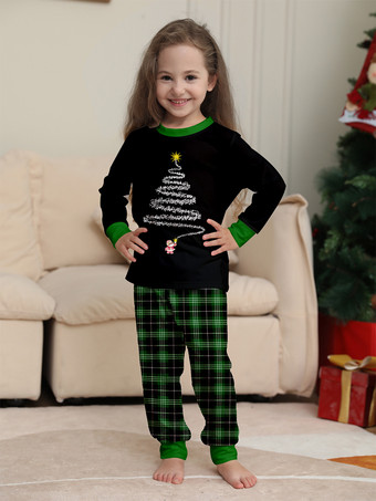 ブラックグリーンのチェック柄ファミリークリスマスパジャマ（ワイヤーツリープリント）2025年