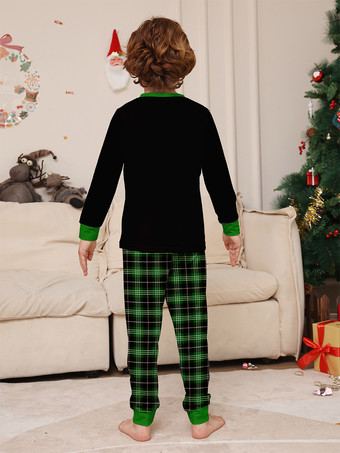 ブラックグリーンのチェック柄ファミリークリスマスパジャマ（ワイヤーツリープリント）2025年