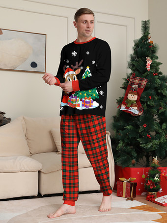 トナカイとツリーのプリントが施された黒と赤のチェック柄ファミリークリスマスパジャマ 2025