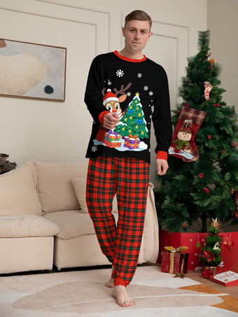 トナカイとツリーのプリントが施された黒と赤のチェック柄ファミリークリスマスパジャマ 2025