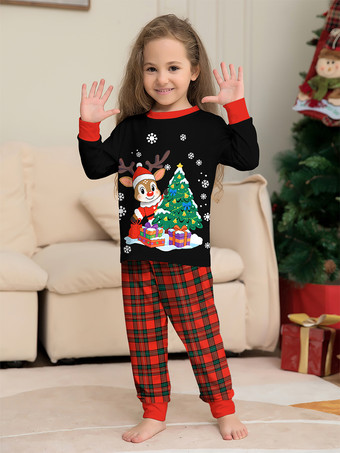 トナカイとツリーのプリントが施された黒と赤のチェック柄ファミリークリスマスパジャマ 2025