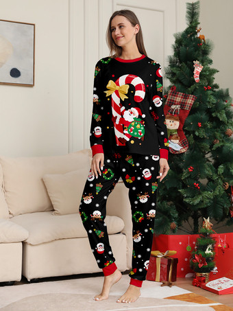 キャンディケインとサンタプリントのブラック＆レッドファミリークリスマスパジャマ 2025