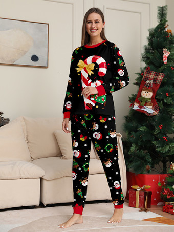 キャンディケインとサンタプリントのブラック＆レッドファミリークリスマスパジャマ 2025