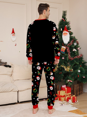 キャンディケインとサンタプリントのブラック＆レッドファミリークリスマスパジャマ 2025