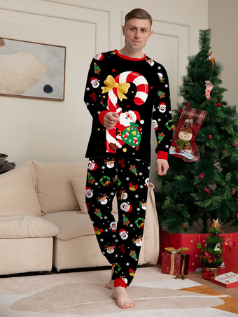 キャンディケインとサンタプリントのブラック＆レッドファミリークリスマスパジャマ 2025
