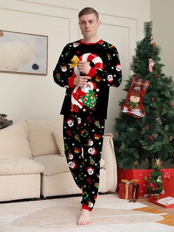 キャンディケインとサンタプリントのブラック＆レッドファミリークリスマスパジャマ 2025