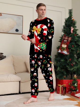 キャンディケインとサンタプリントのブラック＆レッドファミリークリスマスパジャマ 2025