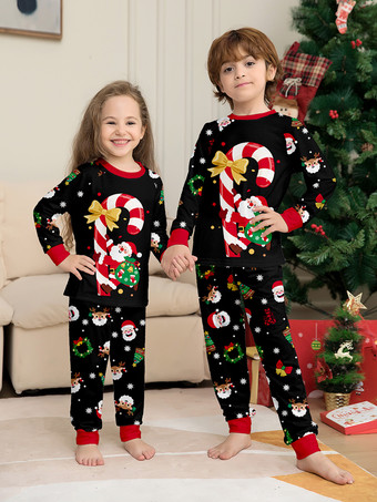 キャンディケインとサンタプリントのブラック＆レッドファミリークリスマスパジャマ 2025
