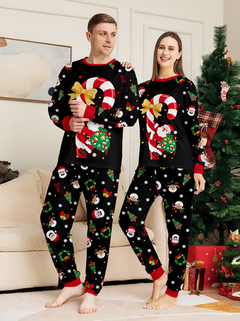 キャンディケインとサンタプリントのブラック＆レッドファミリークリスマスパジャマ 2025