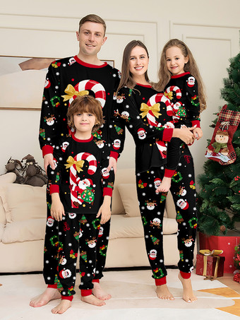 ブラック キャンディケインとサンタプリントのブラック＆レッドファミリークリスマスパジャマ 2025