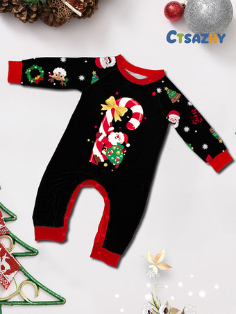 キャンディケインとサンタプリントのブラック＆レッドファミリークリスマスパジャマ 2025