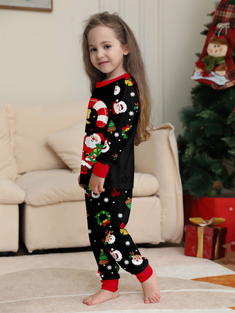 キャンディケインとサンタプリントのブラック＆レッドファミリークリスマスパジャマ 2025