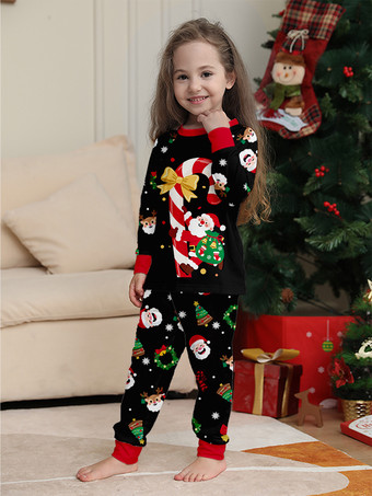 キャンディケインとサンタプリントのブラック＆レッドファミリークリスマスパジャマ 2025