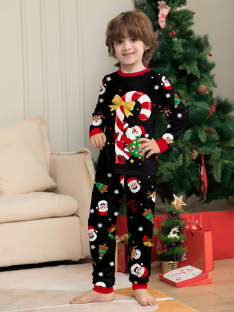 キャンディケインとサンタプリントのブラック＆レッドファミリークリスマスパジャマ 2025