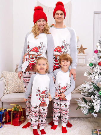 ホワイト グレーホワイトラグラントナカイプリントファミリークリスマスパジャマホリデーセット2025