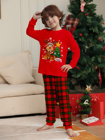 赤いチェック柄のトナカイツリー柄ファミリークリスマスパジャマホリデーセット 2025