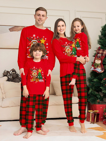 レッド 赤いチェック柄のトナカイツリー柄ファミリークリスマスパジャマホリデーセット 2025