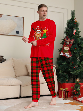 赤いチェック柄のトナカイツリー柄ファミリークリスマスパジャマホリデーセット 2025