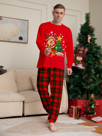 赤いチェック柄のトナカイツリー柄ファミリークリスマスパジャマホリデーセット 2025