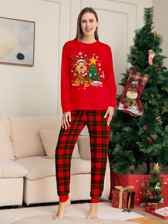 赤いチェック柄のトナカイツリー柄ファミリークリスマスパジャマホリデーセット 2025