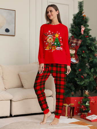 赤いチェック柄のトナカイツリー柄ファミリークリスマスパジャマホリデーセット 2025