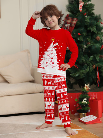 赤と白のクリスマスツリーとトナカイ柄のファミリーパジャマ ホリデー 2026