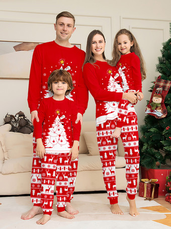 レッド 赤と白のクリスマスツリーとトナカイ柄のファミリーパジャマ ホリデー 2026