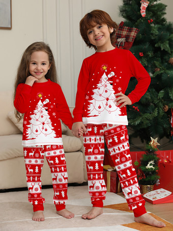 赤と白のクリスマスツリーとトナカイ柄のファミリーパジャマ ホリデー 2026