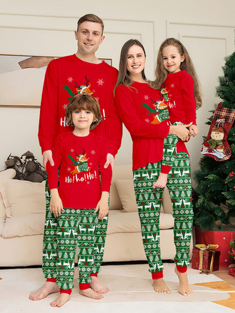 レッド 赤と緑のトナカイ柄フェアアイル柄ファミリークリスマスパジャマ 2025