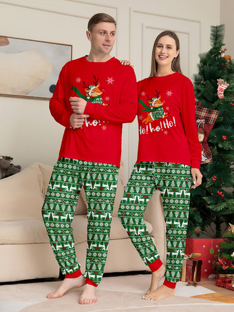 赤と緑のトナカイ柄フェアアイル柄ファミリークリスマスパジャマ 2025