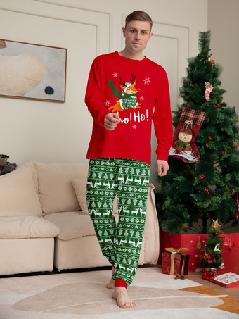 赤と緑のトナカイ柄フェアアイル柄ファミリークリスマスパジャマ 2025