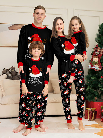 ブラック 黒と赤のサンタ帽子、ジンジャーブレッドプリントのファミリークリスマスパジャマ 2026