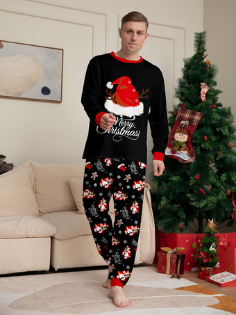 黒と赤のサンタ帽子、ジンジャーブレッドプリントのファミリークリスマスパジャマ 2026