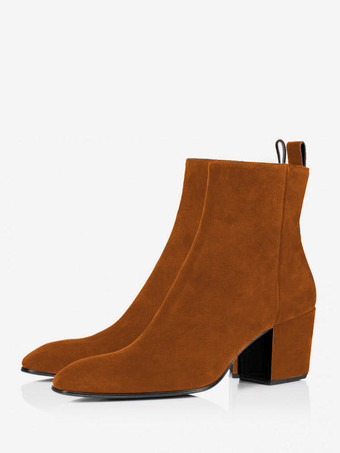 ブラウン メンズ ブロックヒール チェルシーブーツ ブラック ジッパー スエード パーティー プロム ドレス アンクルブーツ