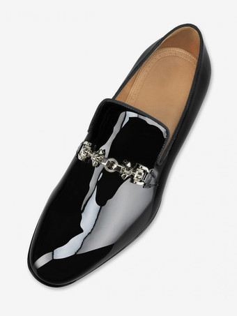 メンズローファー パテントレザー シルバーチェーン スリッポン プロム ウェディングシューズ