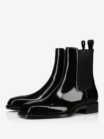 ブラック メンズブーツ チェルシー プレーン スムース PUレザー プロム パーティー ブラック スクエアトゥ アンクルブーツ