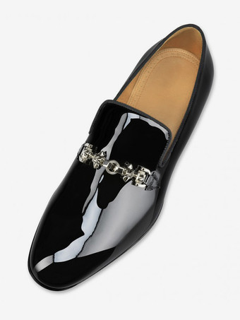 メンズローファー パテントレザー シルバーチェーン スリッポン プロム ウェディングシューズ