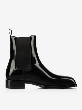 メンズブーツ チェルシー プレーン スムース PUレザー プロム パーティー ブラック スクエアトゥ アンクルブーツ