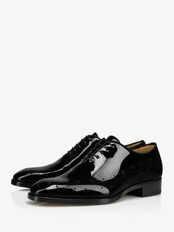 メンズ ドレス ブローグ パテントレザー シューズ ブラック スクエアトゥ プロム パーティー ウェディング