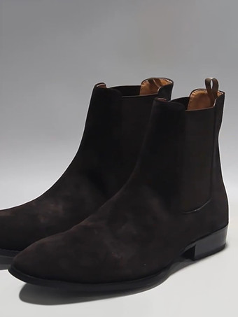 ブラウン スエードチェルシーブーツ スエードポインテッドトゥチャンキーヒールアンクルブーツ（メンズ）